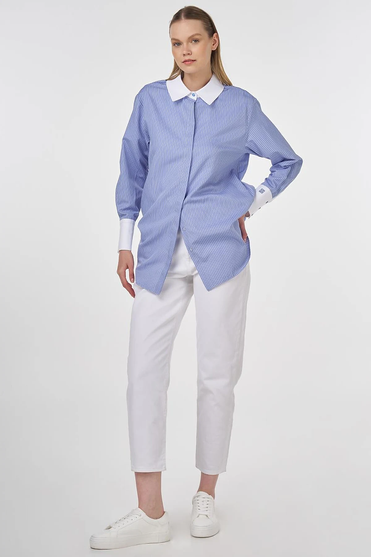 Wide-Cuffed Cotton Basic Tunic Airforce Blue