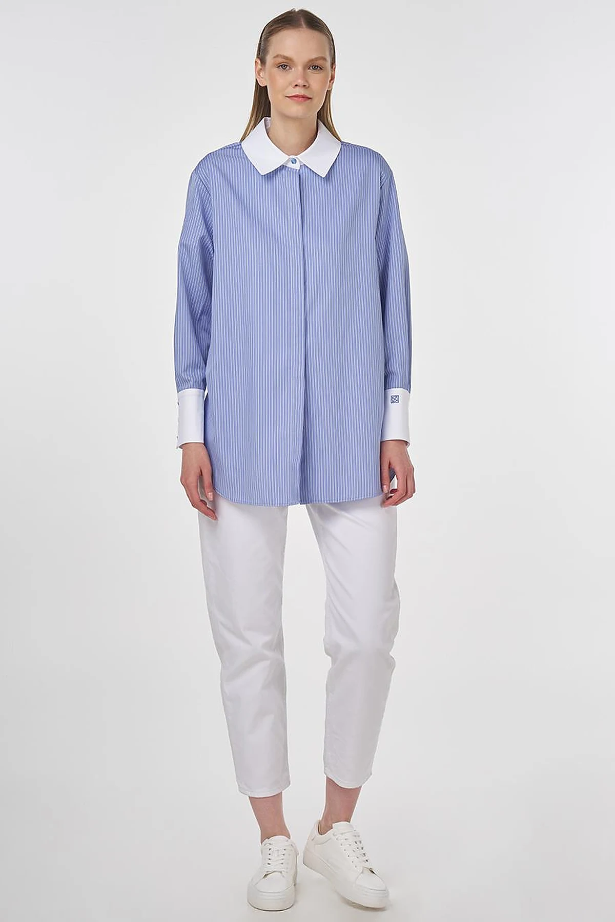 Wide-Cuffed Cotton Basic Tunic Airforce Blue