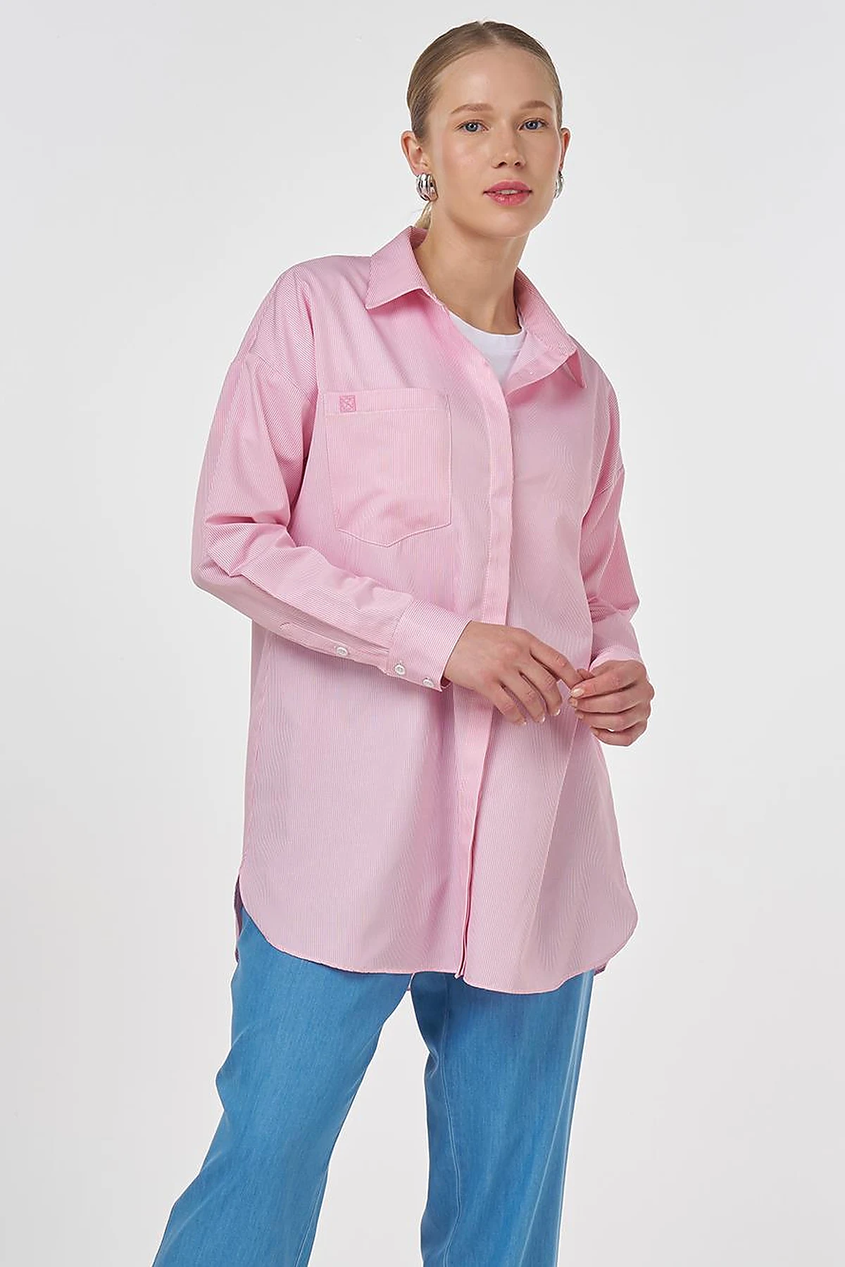 Single-Pocket Cotton Basic Tunic Pink
