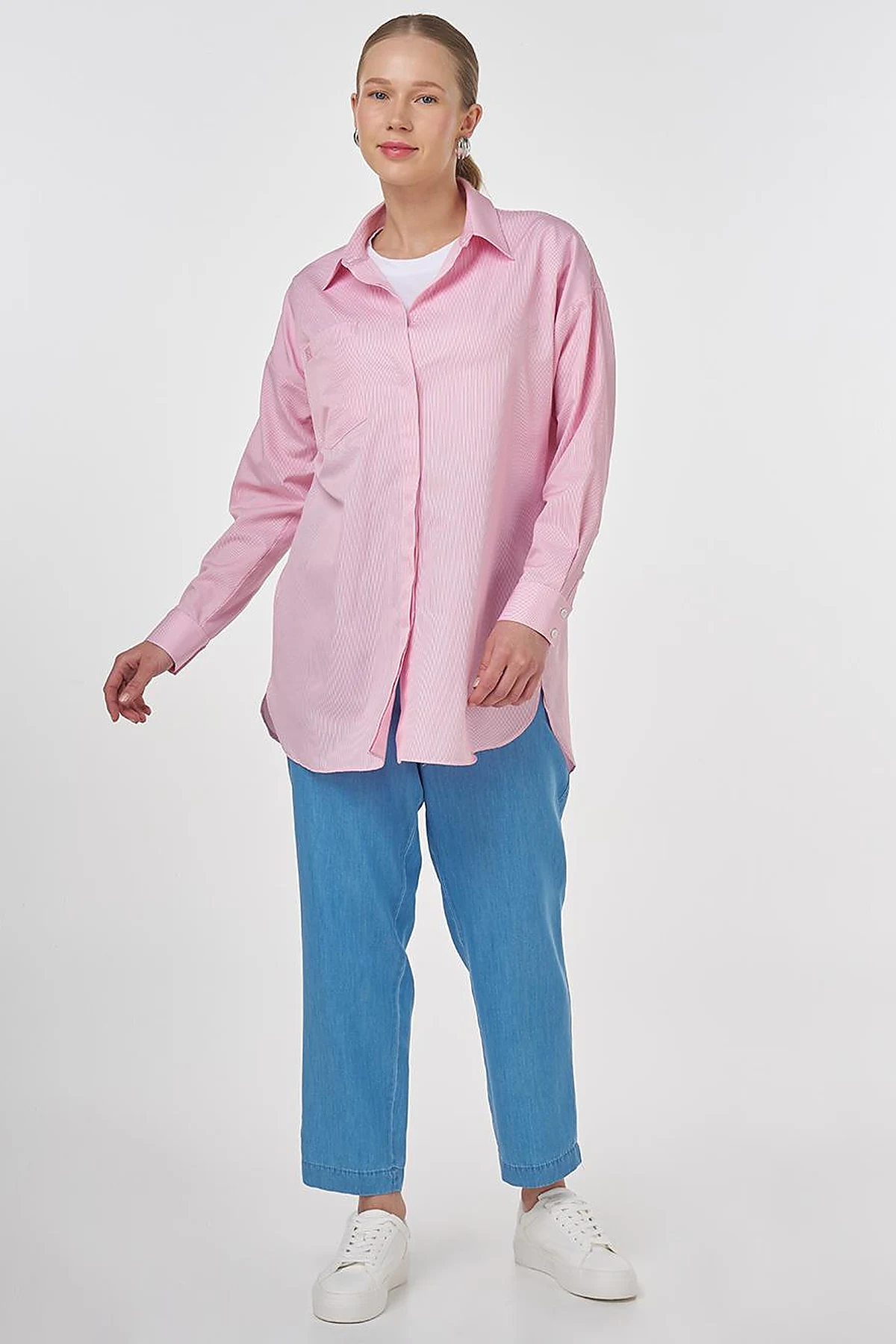 Single-Pocket Cotton Basic Tunic Pink