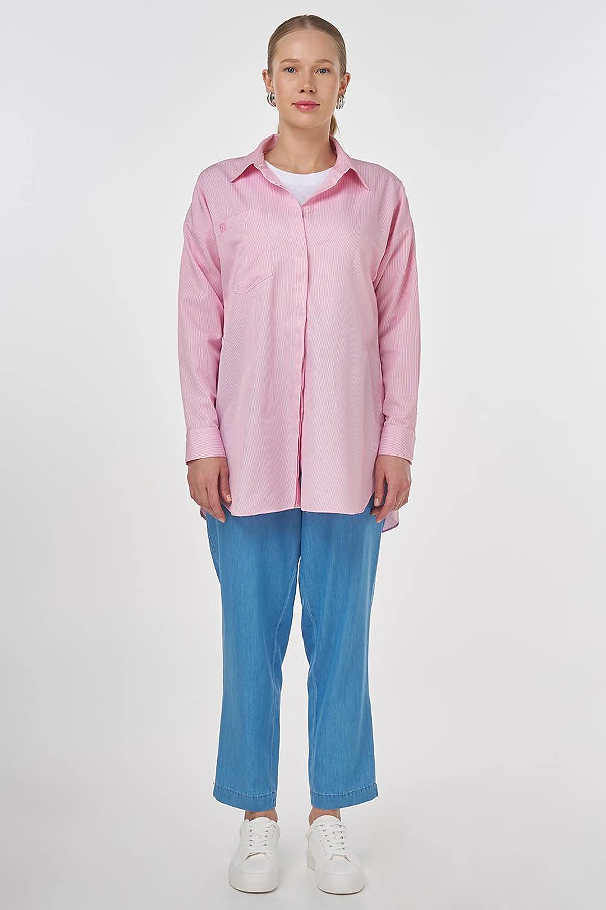 Single-Pocket Cotton Basic Tunic Pink