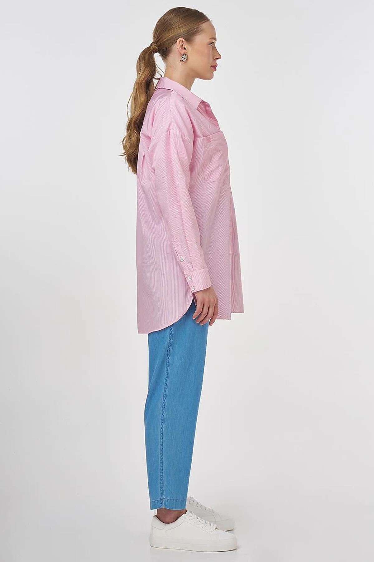 Single-Pocket Cotton Basic Tunic Pink