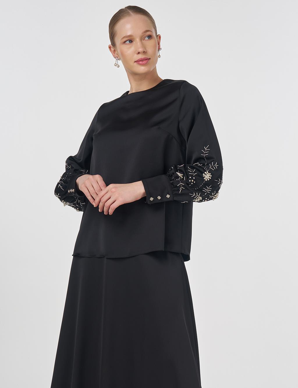 Embroidered Satin Blouse Black