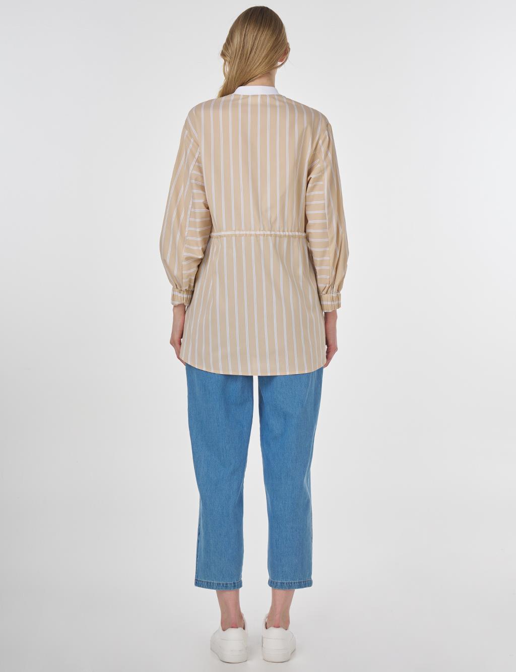 College Collar Striped Cotton Tunic Beige