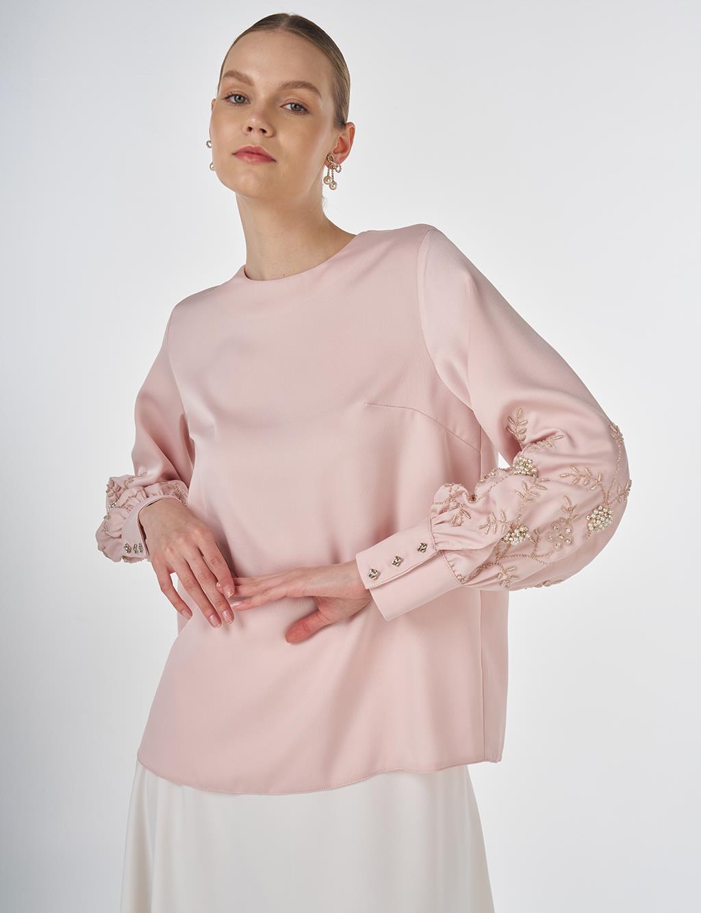 Embroidered Satin Blouse Powder Pink 