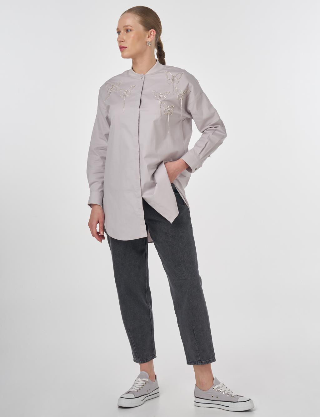 Embroidered Cotton Tunic Light Grey