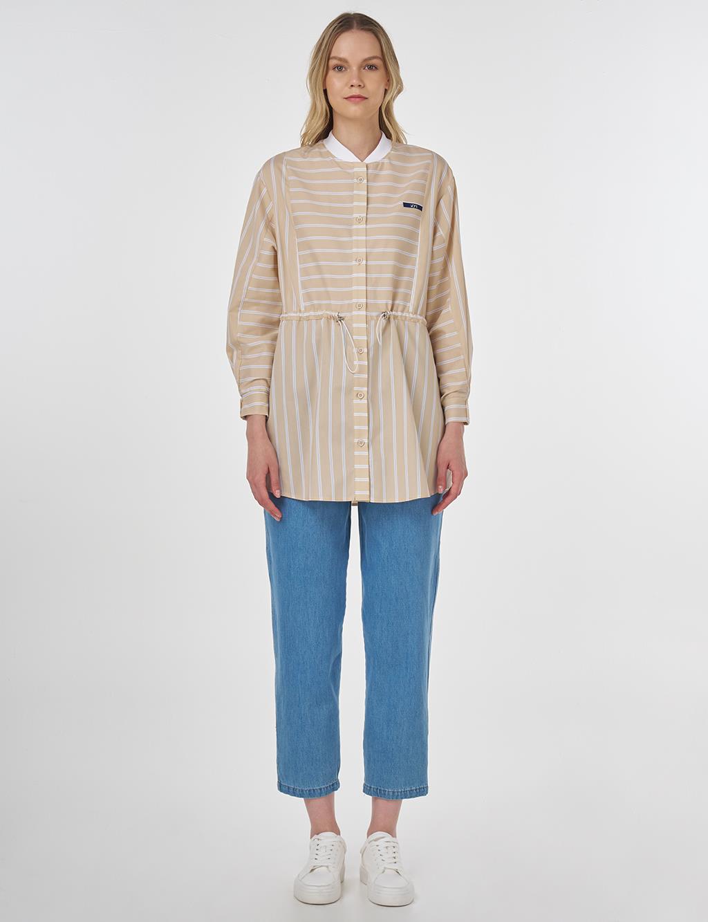 College Collar Striped Cotton Tunic Beige