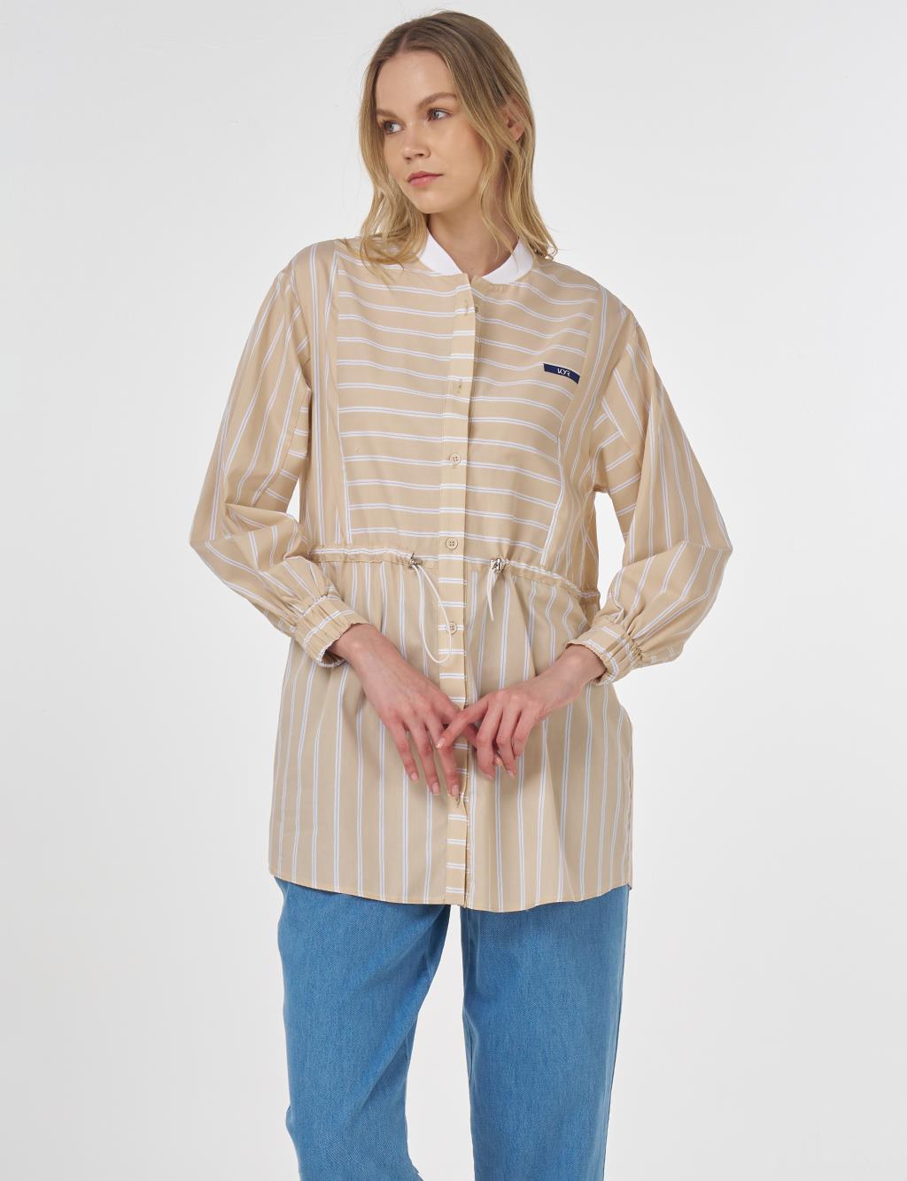 College Collar Striped Cotton Tunic Beige
