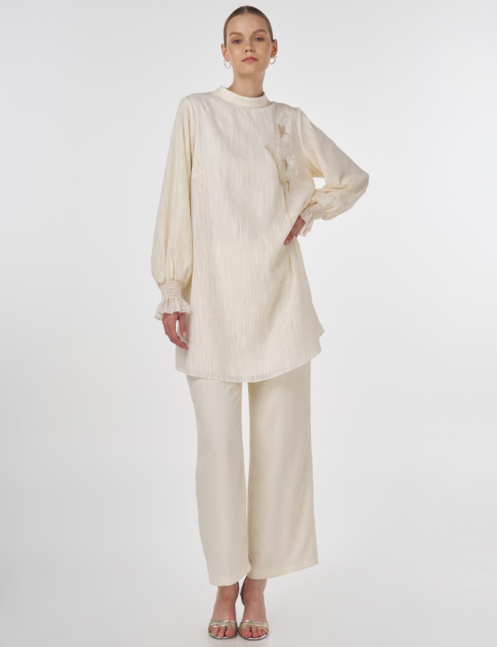 Embroidered Tunic with Shirred Cuffs Ecru 