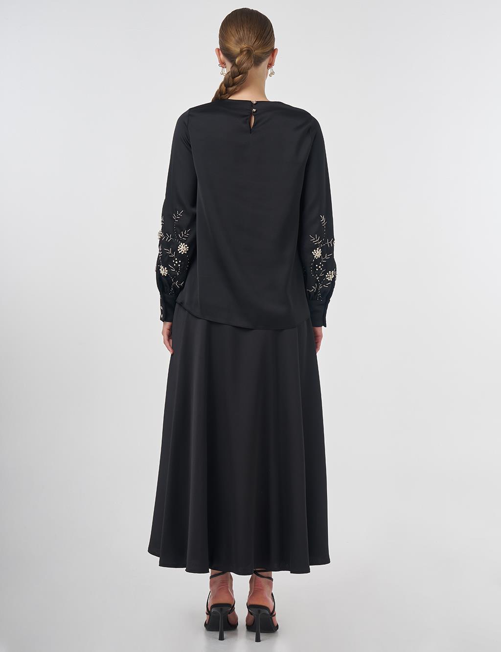 Embroidered Satin Blouse Black