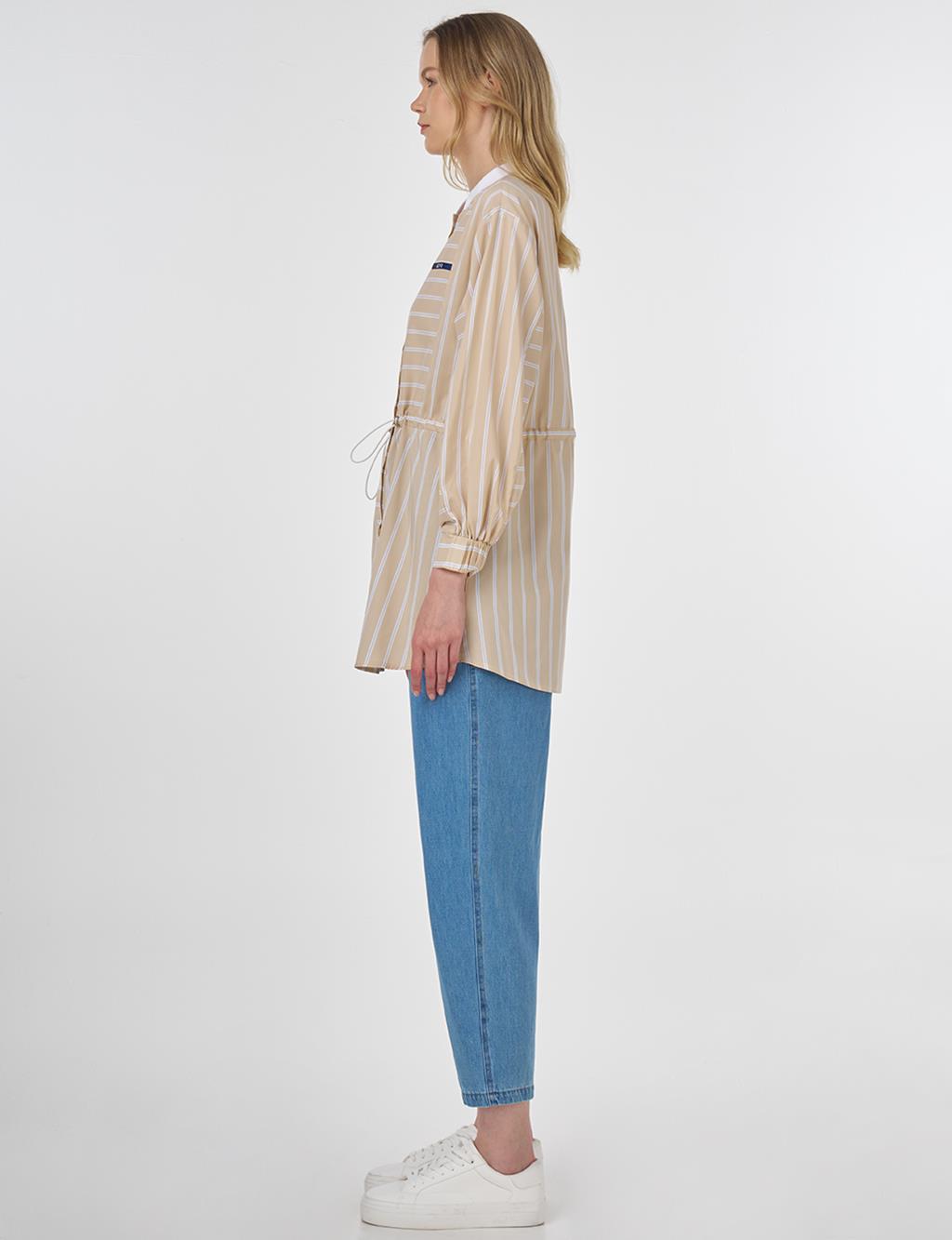 College Collar Striped Cotton Tunic Beige