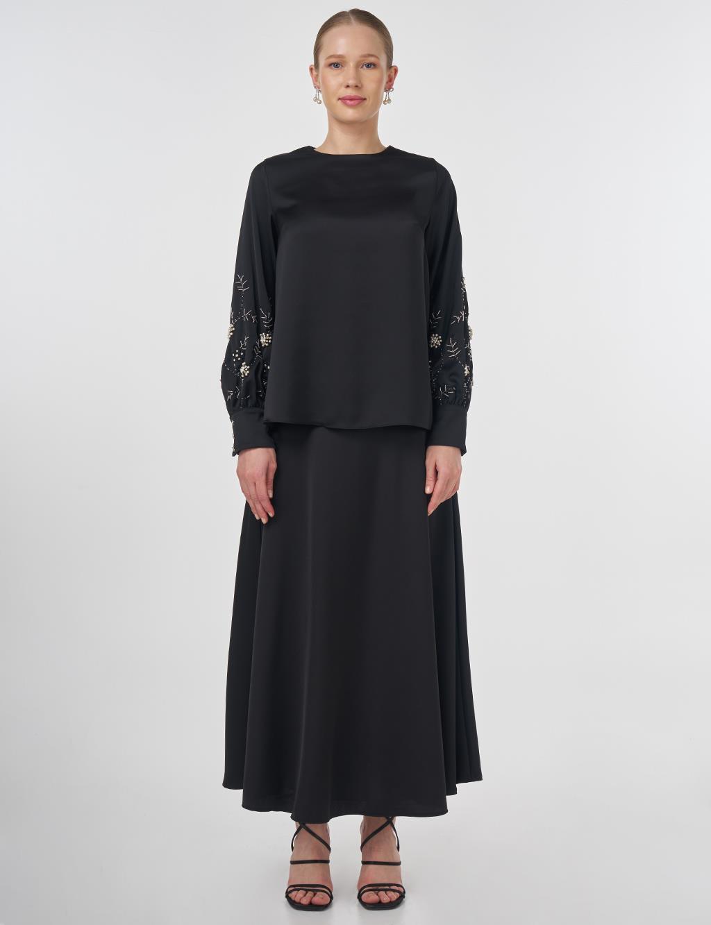 Embroidered Satin Blouse Black