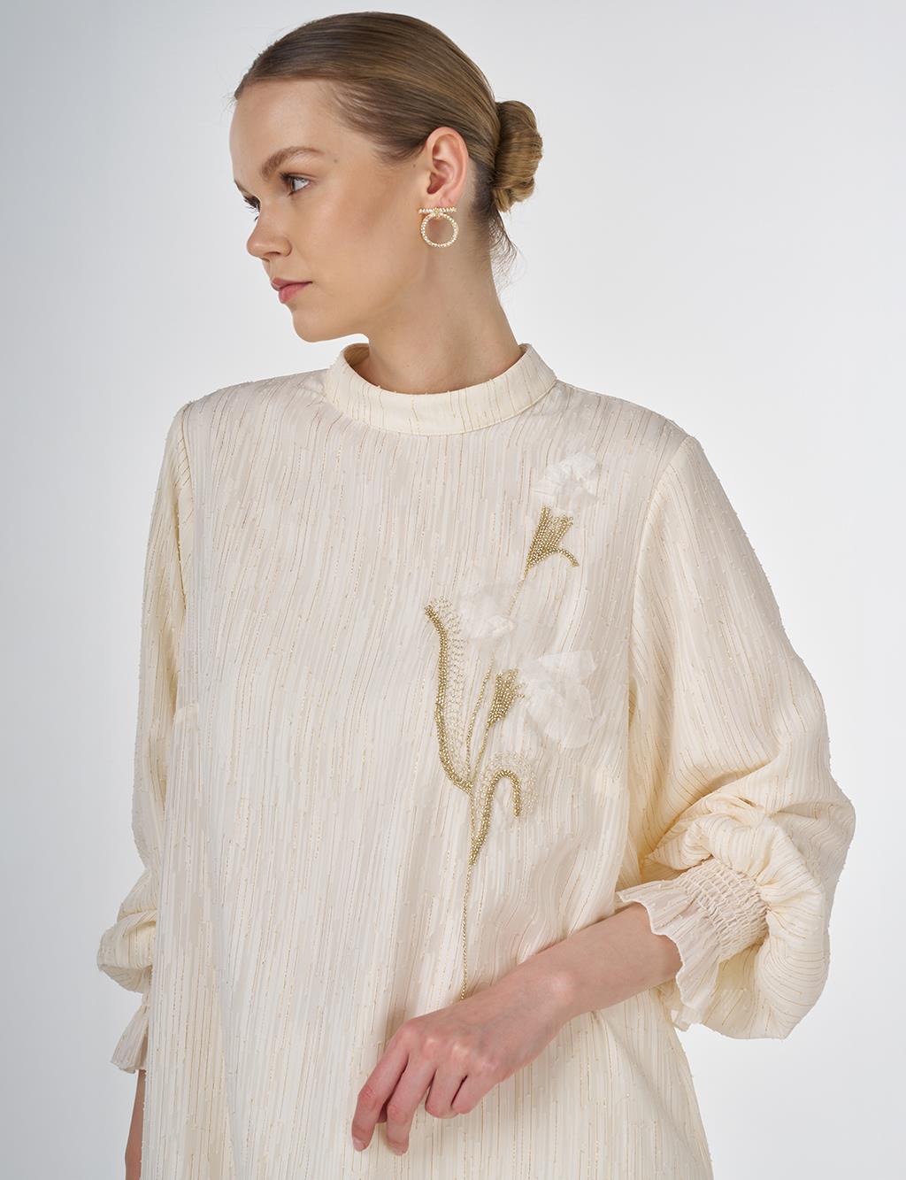 Embroidered Tunic with Shirred Cuffs Ecru 