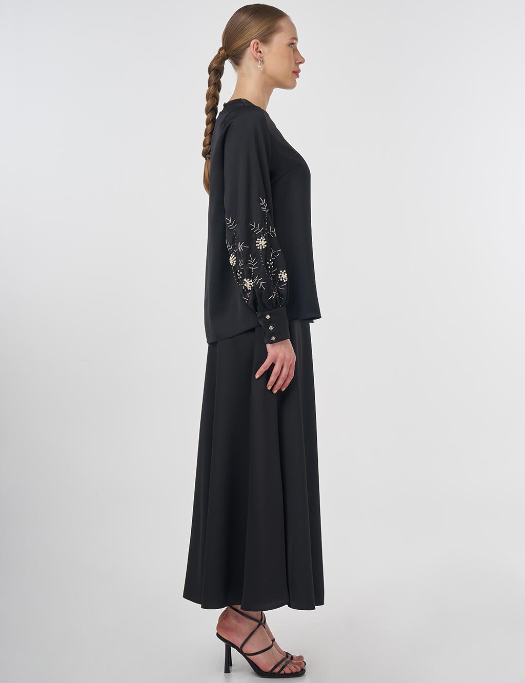 Embroidered Satin Blouse Black