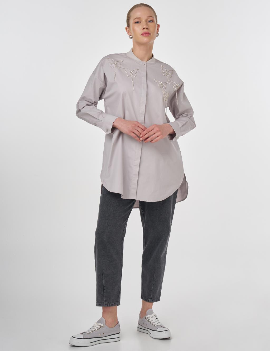 Embroidered Cotton Tunic Light Grey