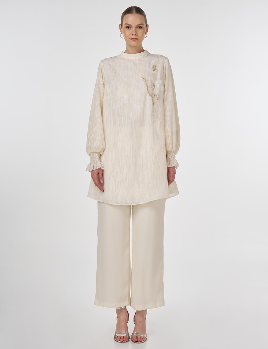 Embroidered Tunic with Shirred Cuffs Ecru 