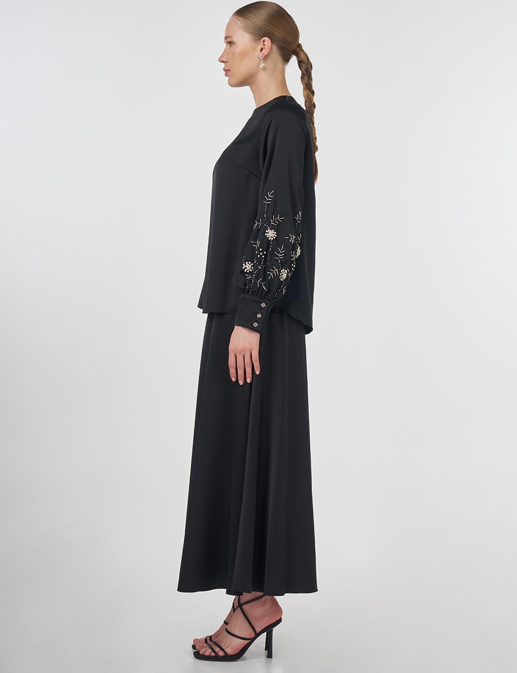 Embroidered Satin Blouse Black