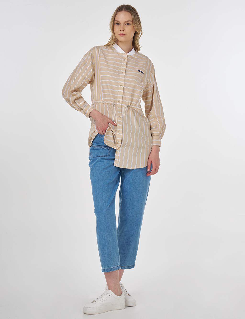 College Collar Striped Cotton Tunic Beige