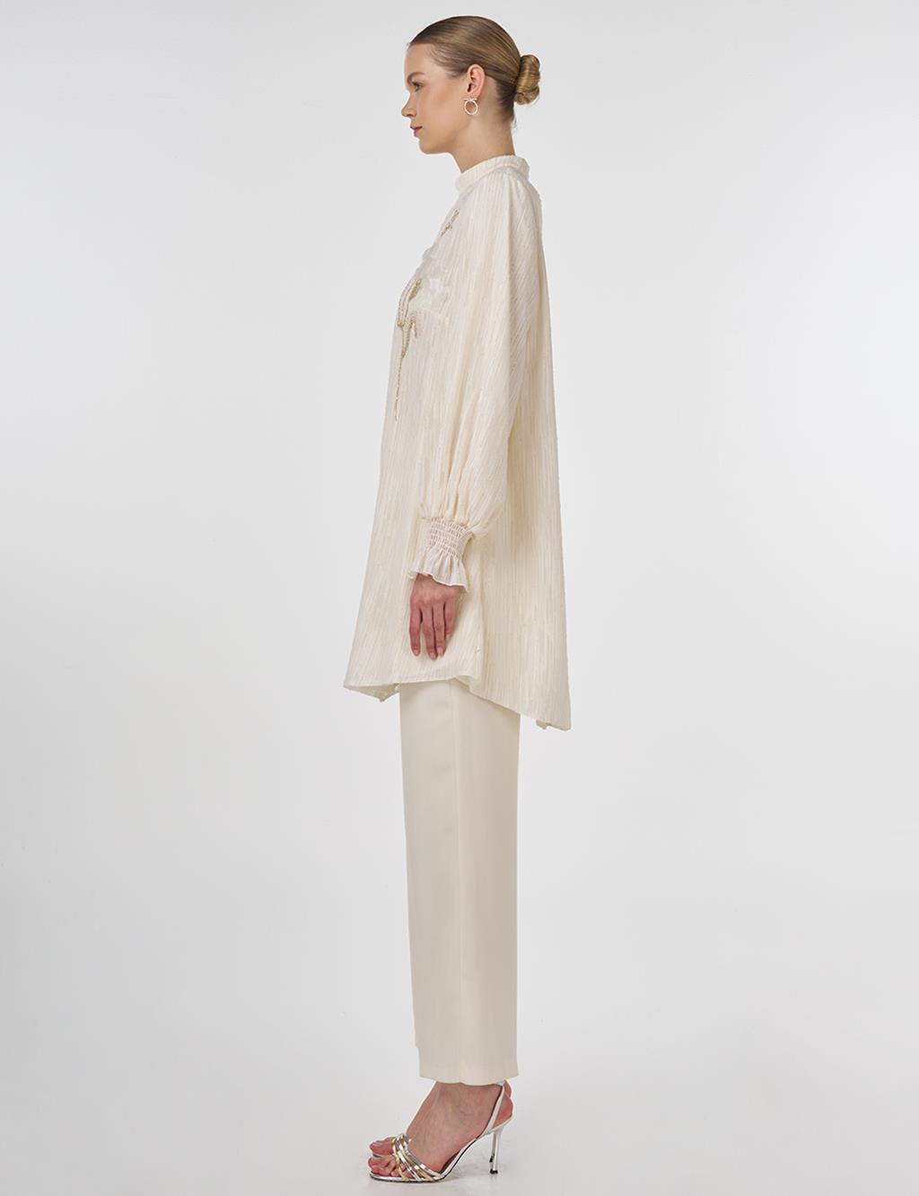 Embroidered Tunic with Shirred Cuffs Ecru 
