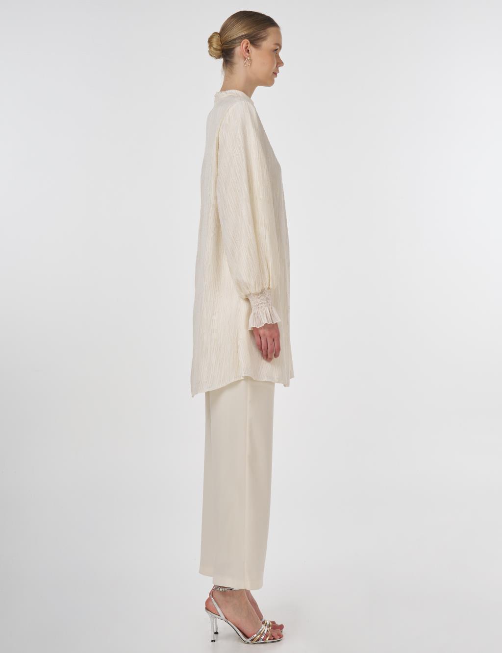 Embroidered Tunic with Shirred Cuffs Ecru 