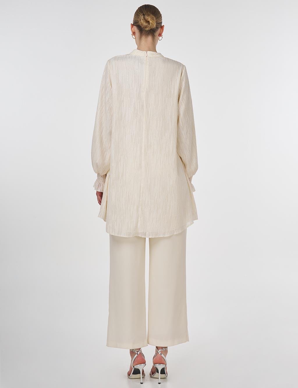 Embroidered Tunic with Shirred Cuffs Ecru 