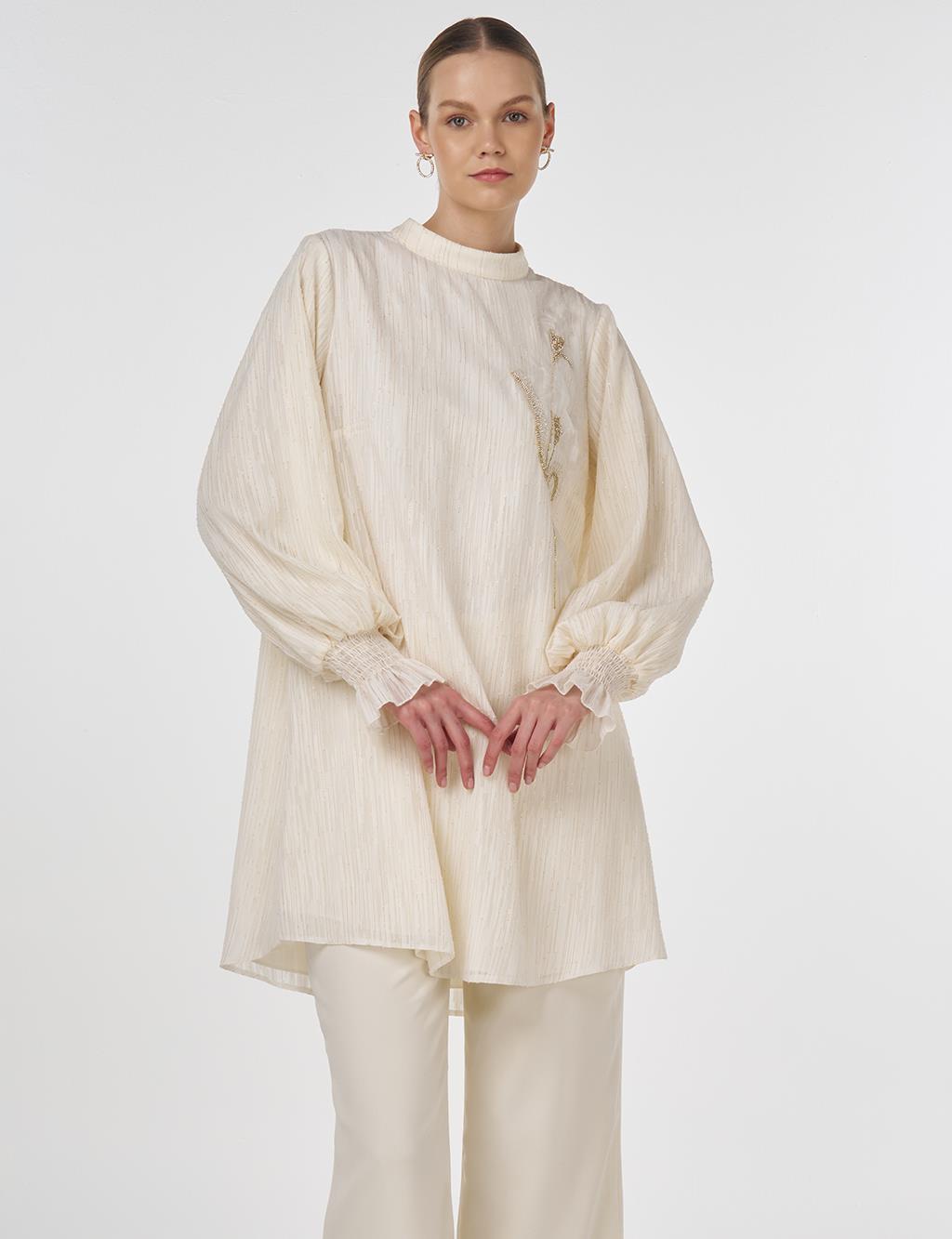 Embroidered Tunic with Shirred Cuffs Ecru 