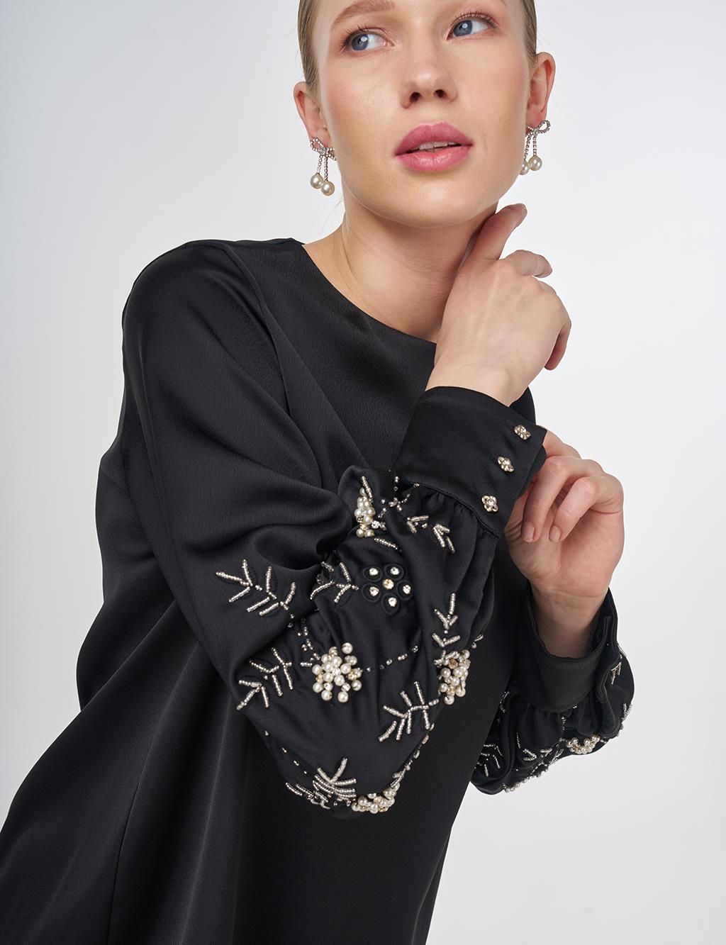 Embroidered Satin Blouse Black