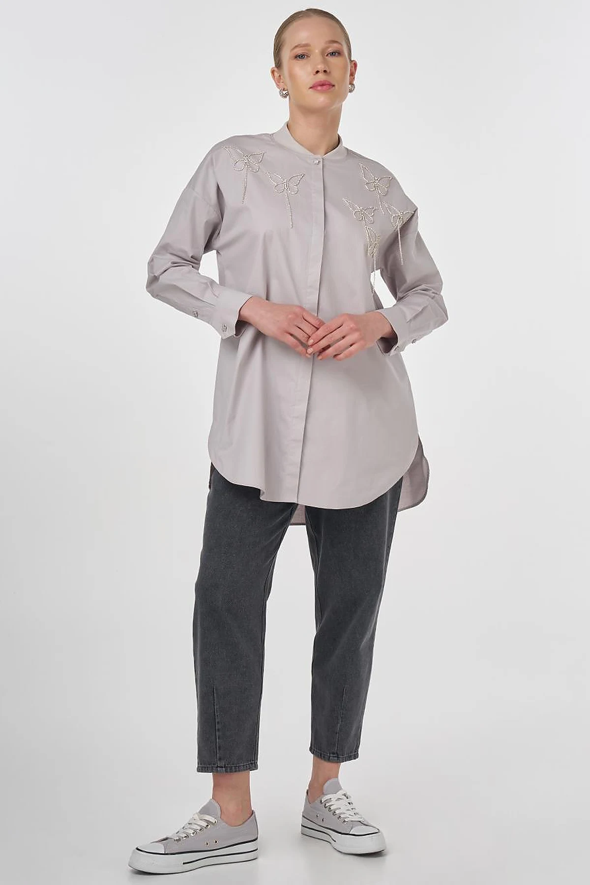 Embroidered Cotton Tunic Light Grey