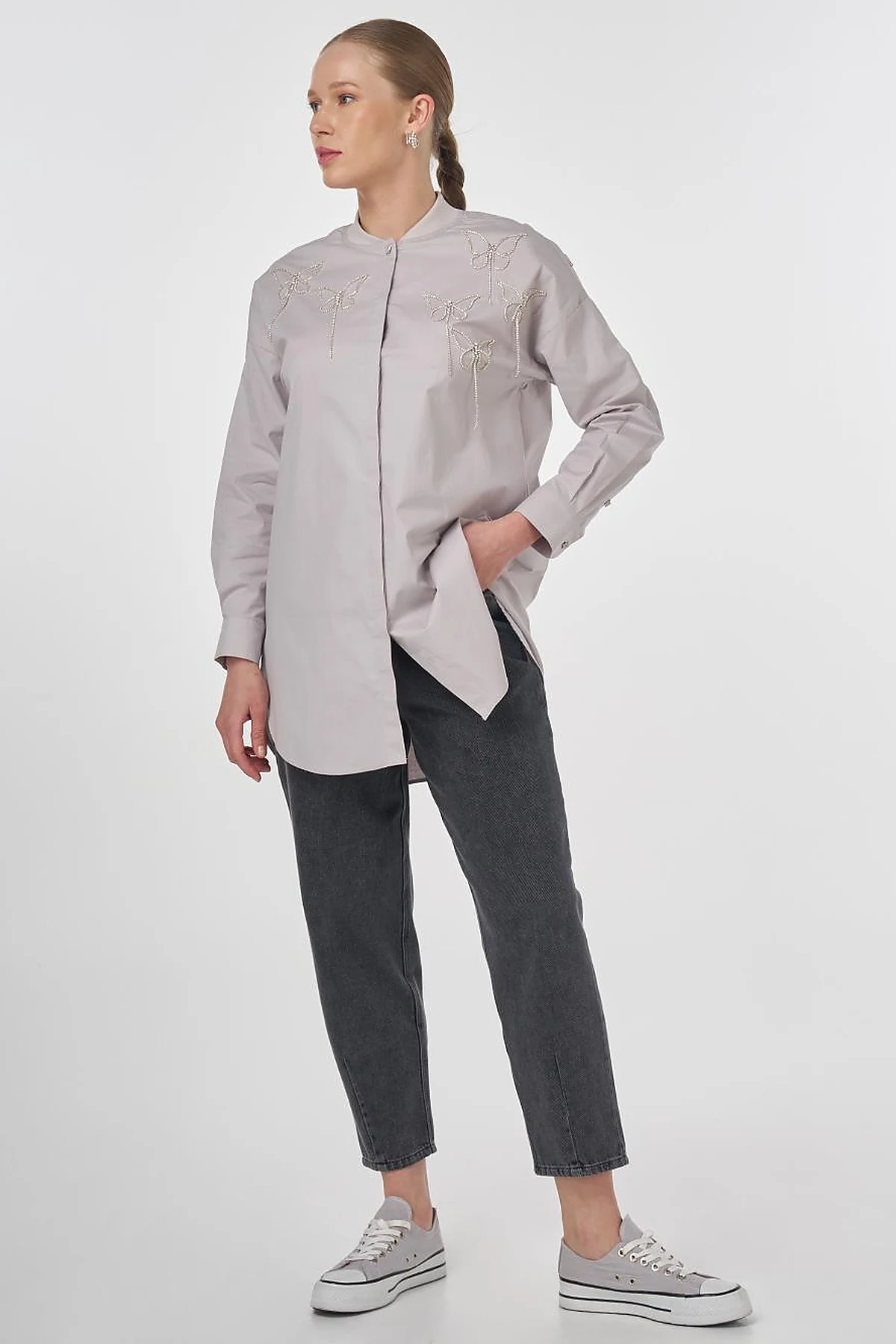 Embroidered Cotton Tunic Light Grey