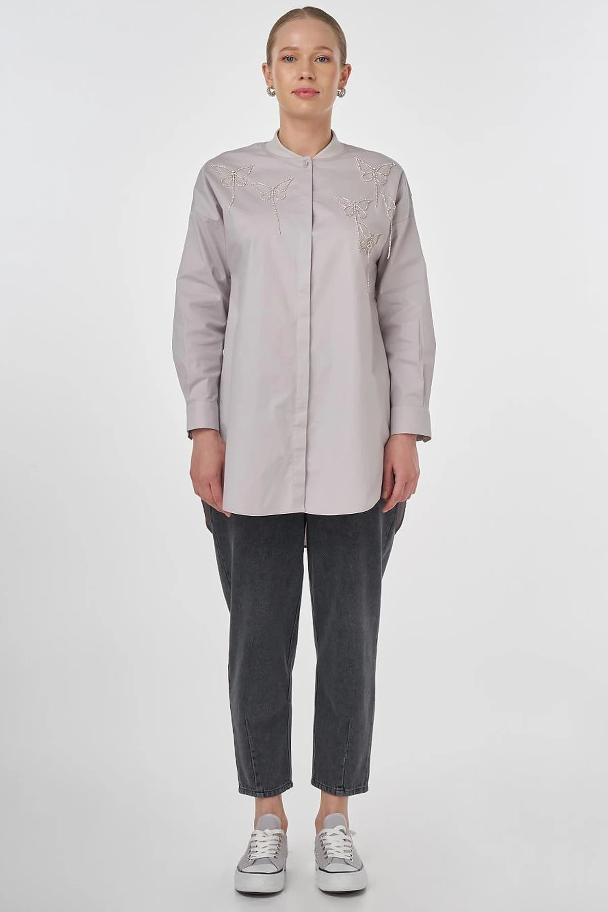 Embroidered Cotton Tunic Light Grey