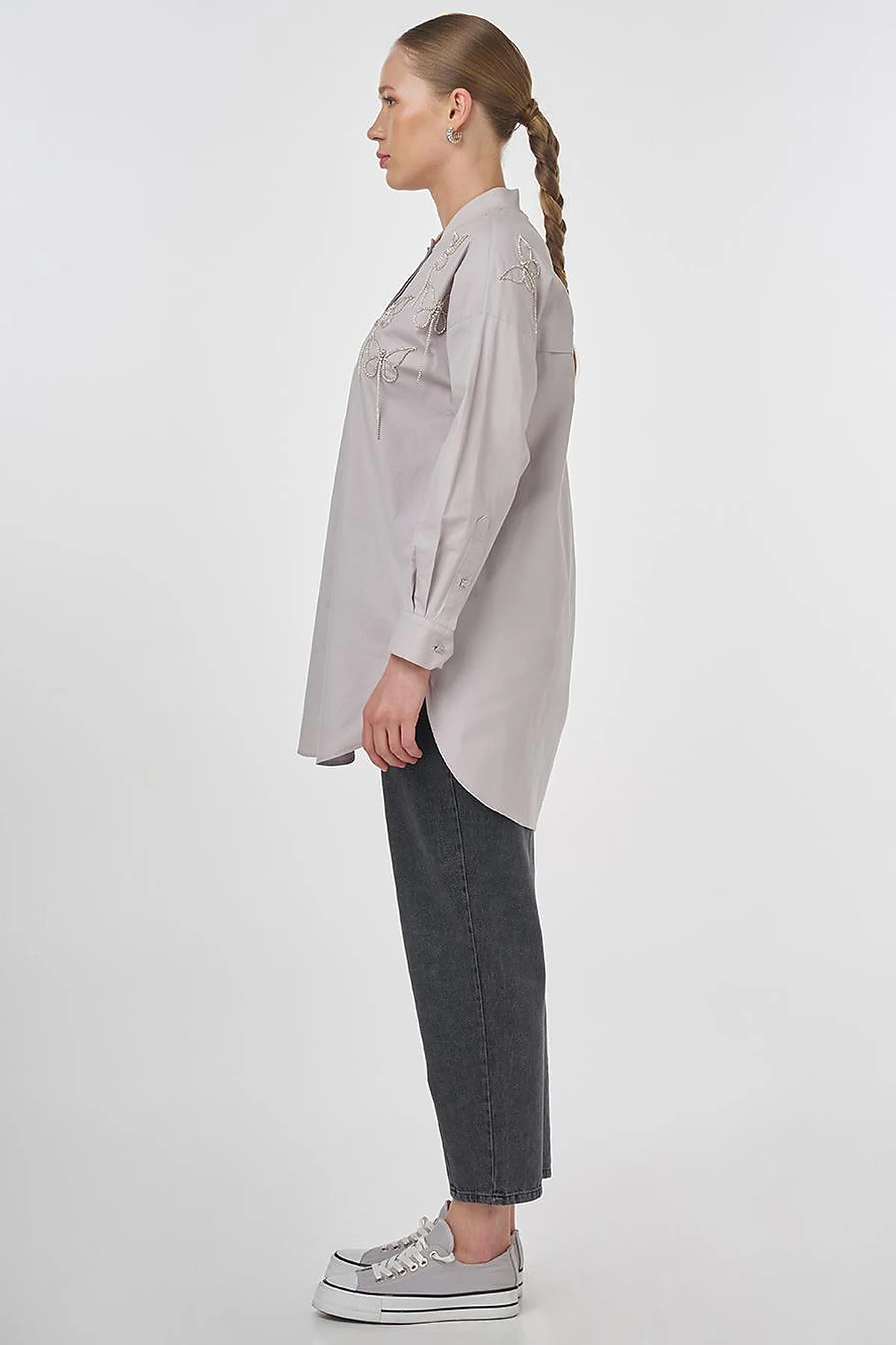 Embroidered Cotton Tunic Light Grey