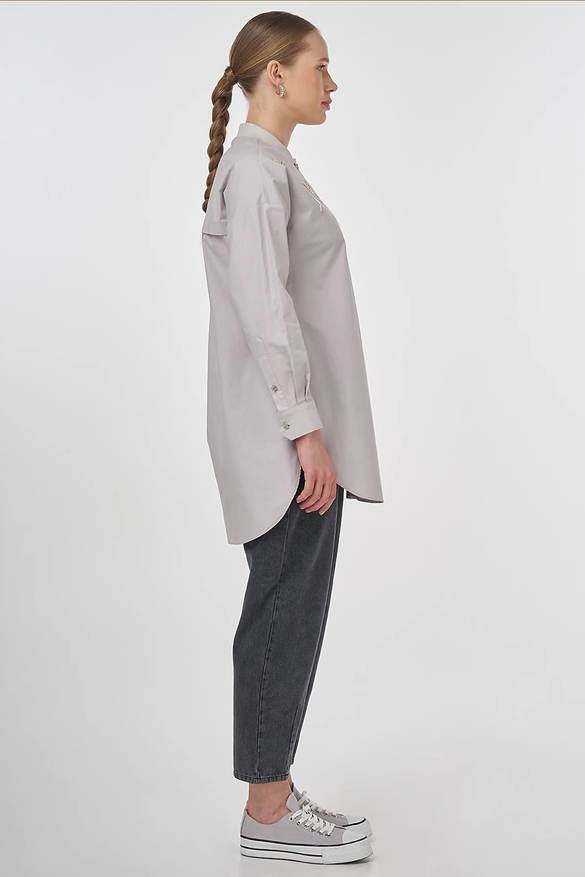 Embroidered Cotton Tunic Light Grey