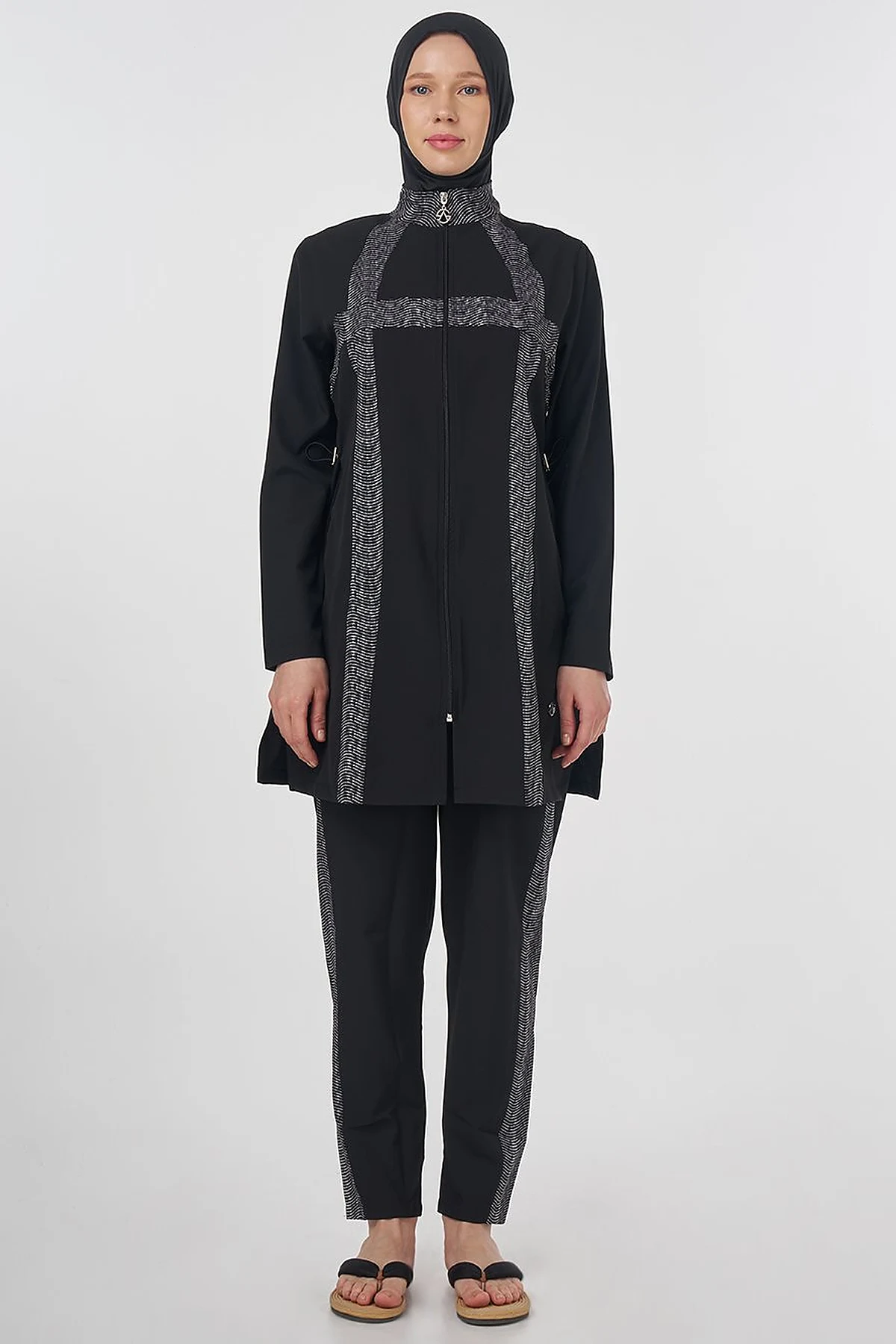 Striped Modest Swimsuit – Black