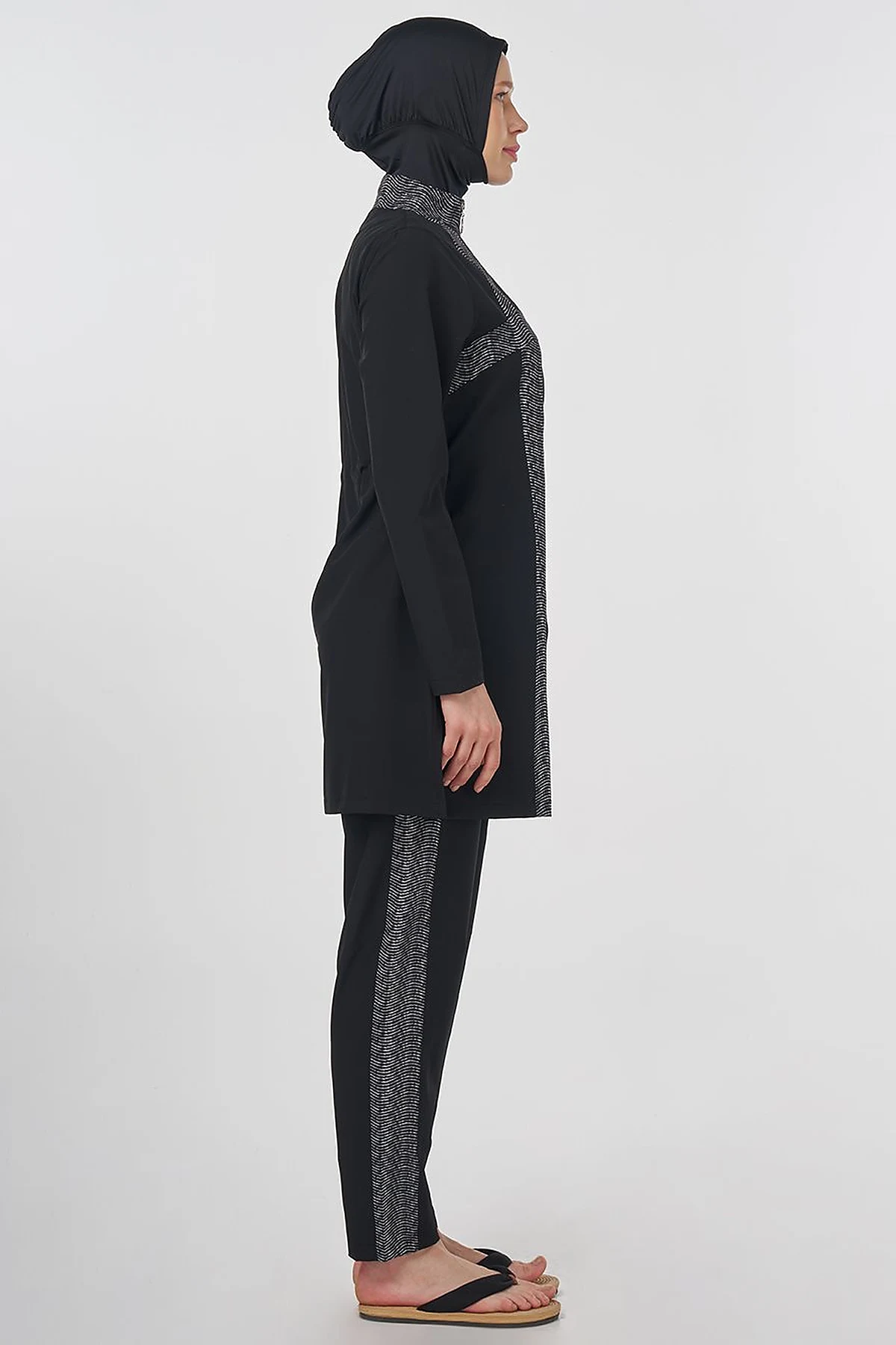 Striped Modest Swimsuit – Black
