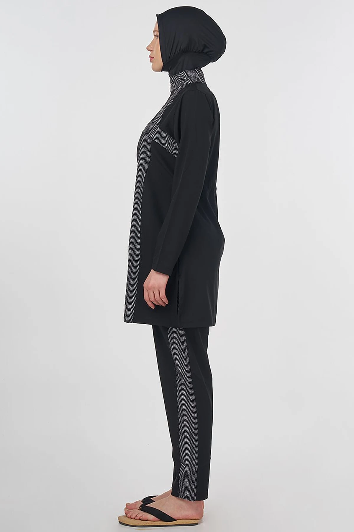 Striped Modest Swimsuit – Black