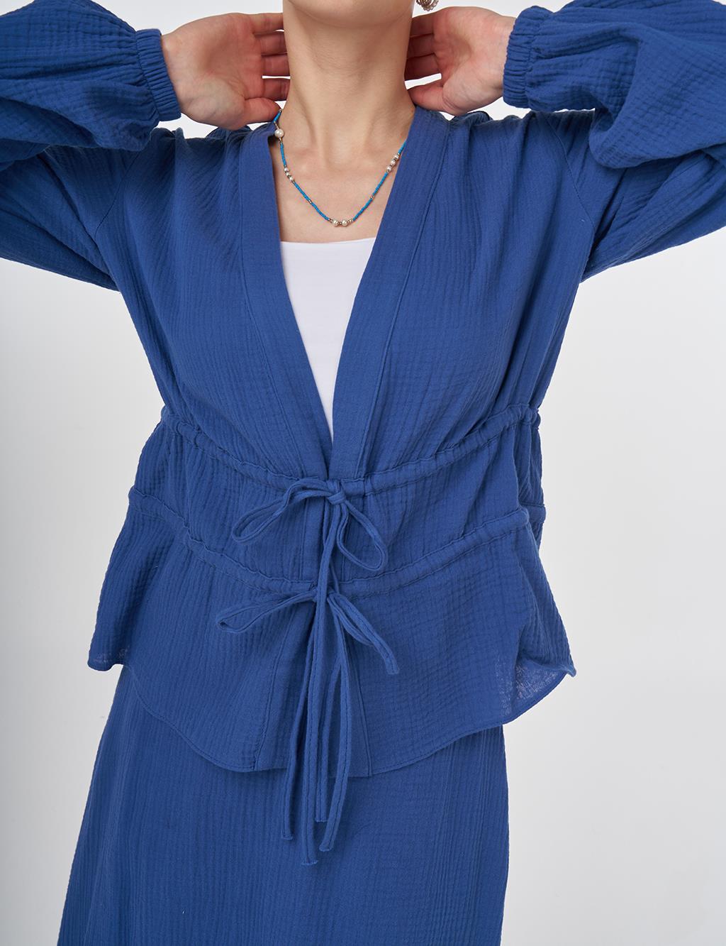 Drawstring Detailed Cotton Two-Piece Set Indigo