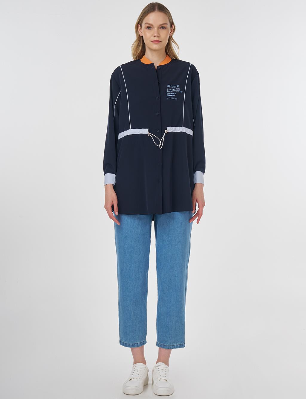 Adjustable Waist Slogan Tunic Dark Navy 
