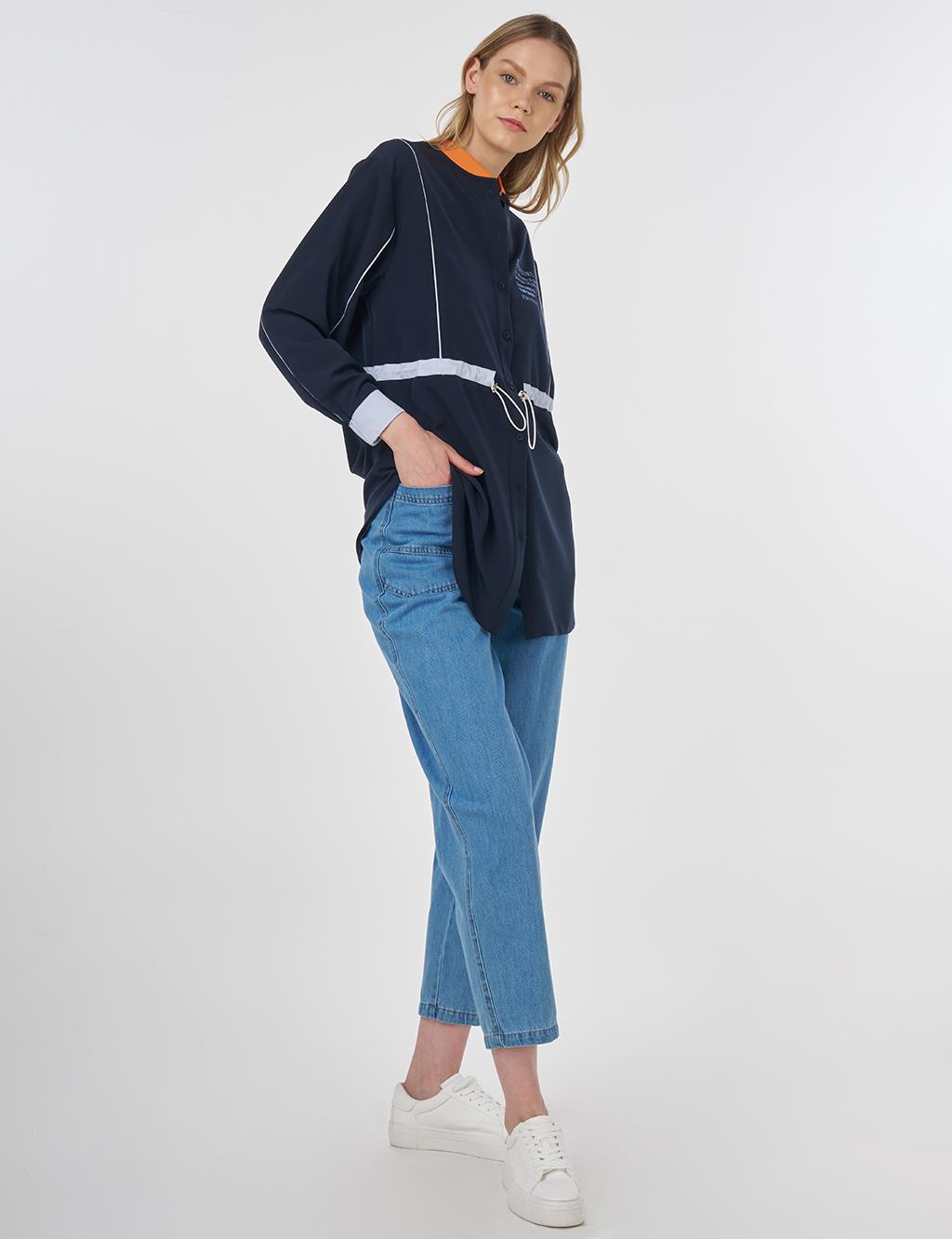 Adjustable Waist Slogan Tunic Dark Navy 