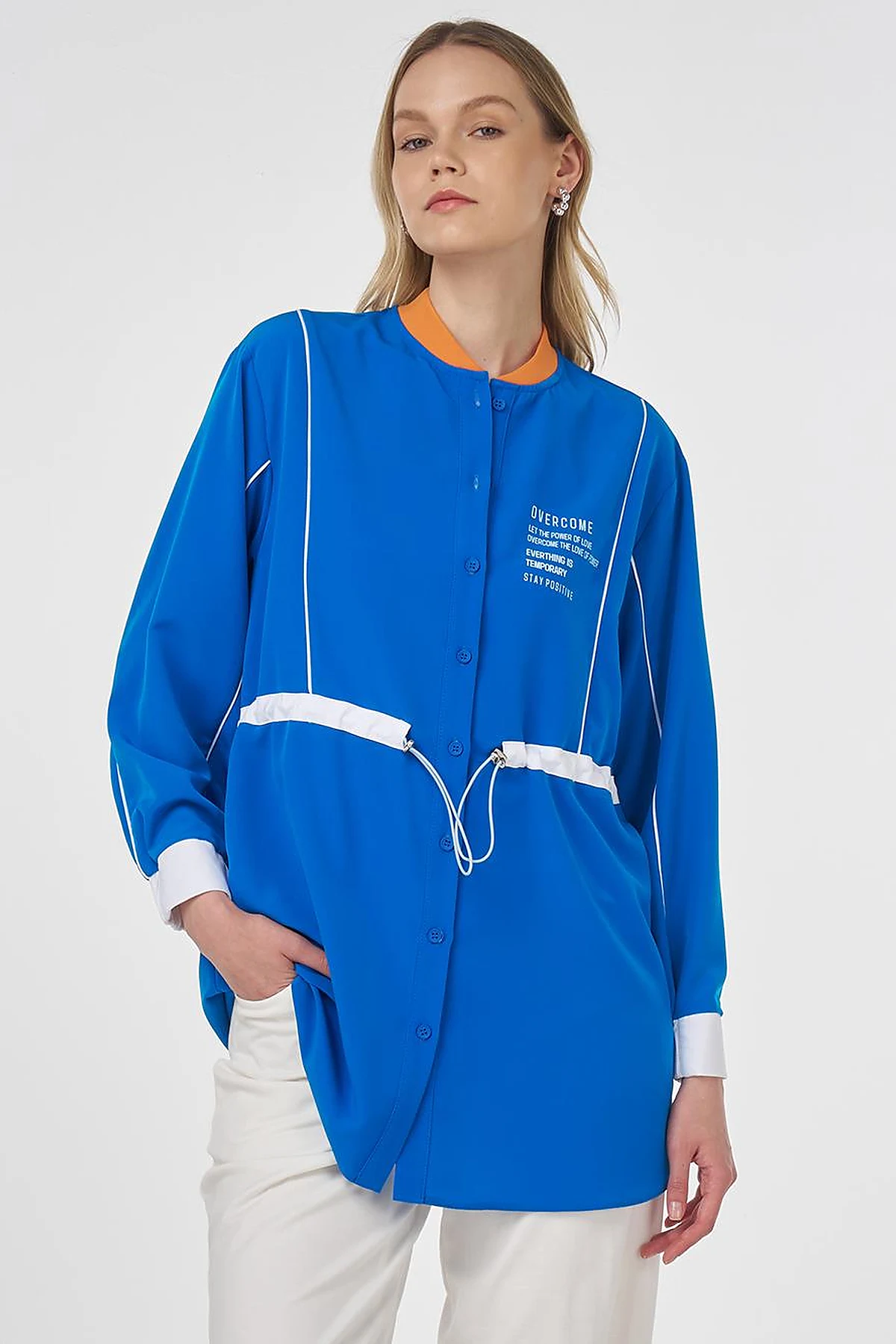 Adjustable Waist Slogan Tunic Cobalt Blue