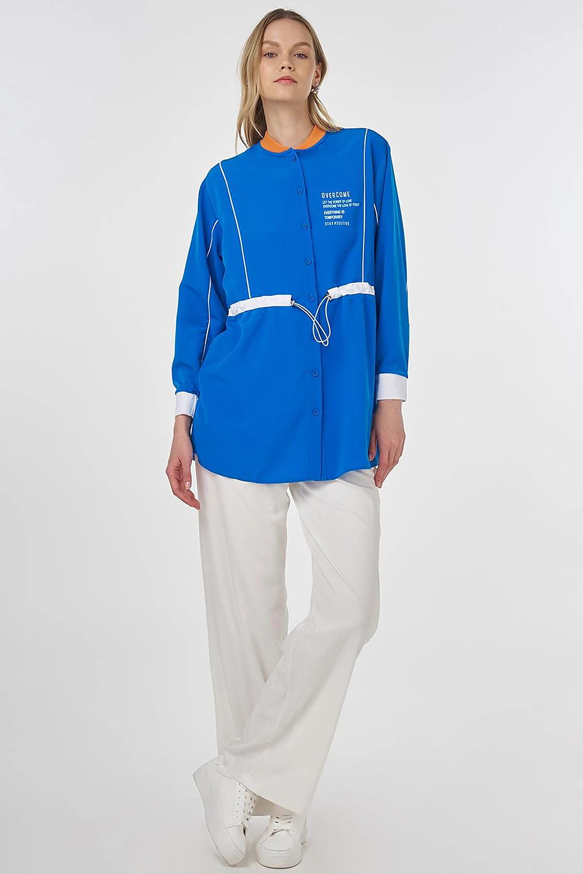 Adjustable Waist Slogan Tunic Cobalt Blue