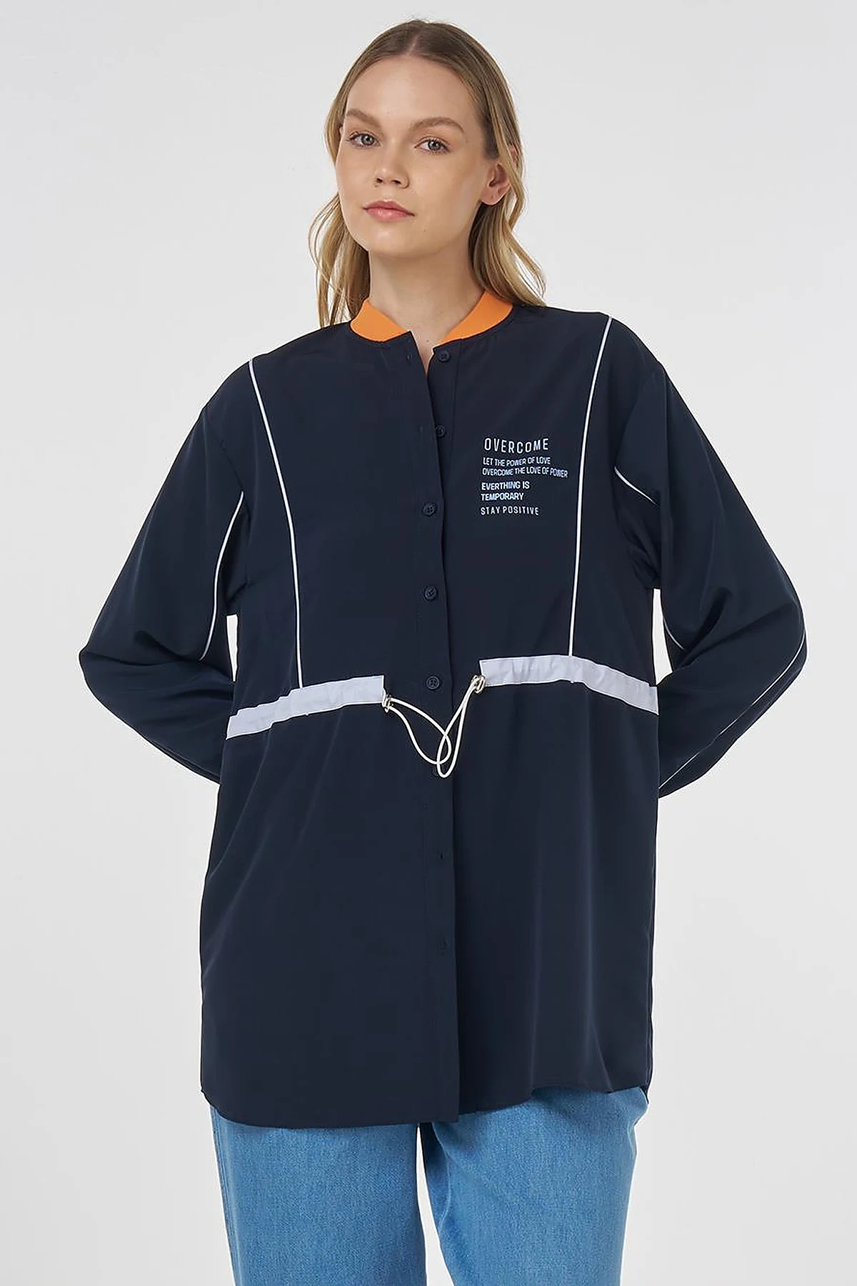 Adjustable Waist Slogan Tunic Dark Navy 