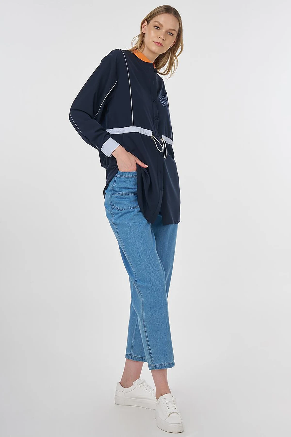 Adjustable Waist Slogan Tunic Dark Navy 