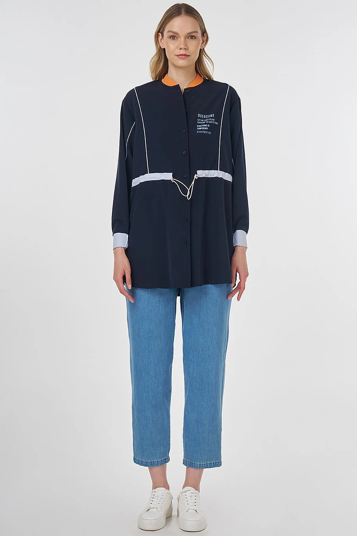 Adjustable Waist Slogan Tunic Dark Navy 