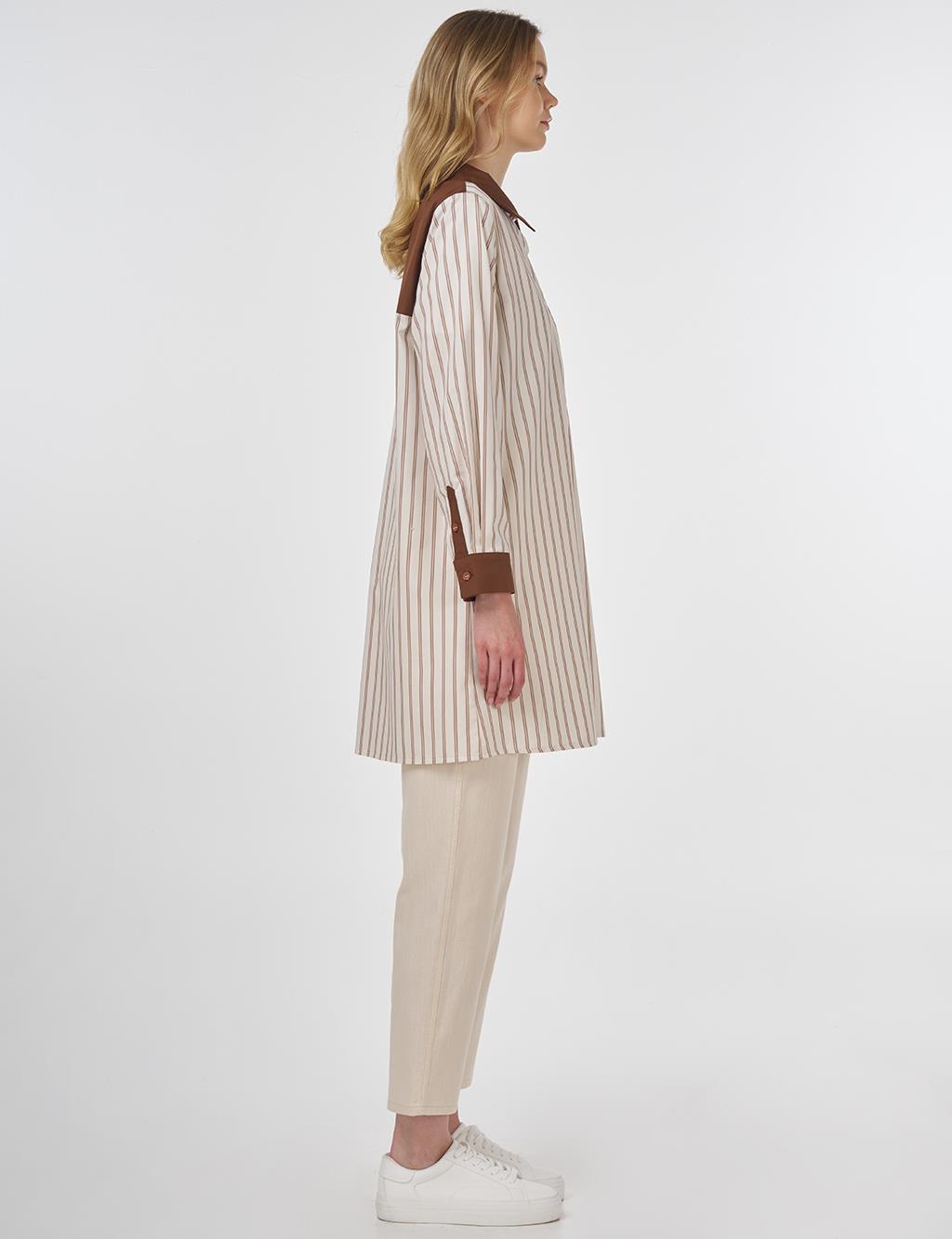 Striped Pattern Cotton Tunic Brown