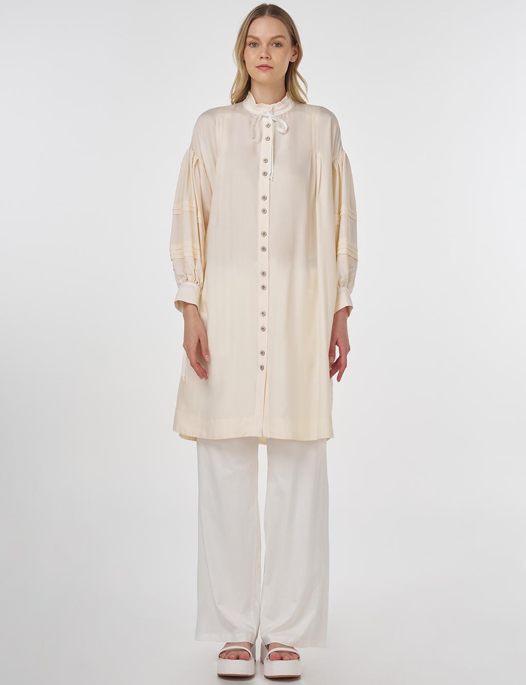 Pintuck-Stitched Tunic with Ruffled Collar Ecru 