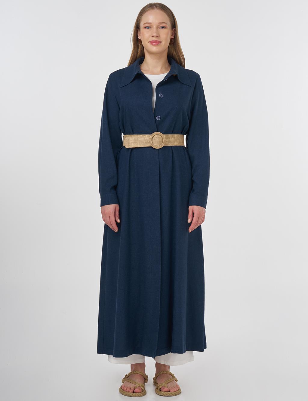 Linen Blend Overcoat with Straw Belt Detail Dark Navy 