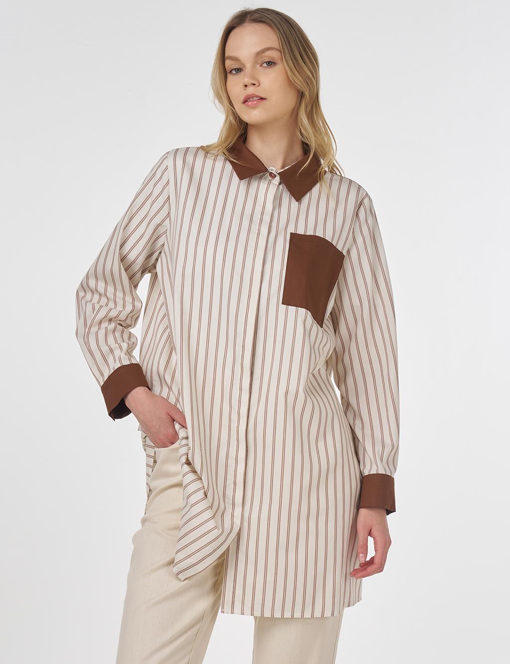 Striped Pattern Cotton Tunic Brown