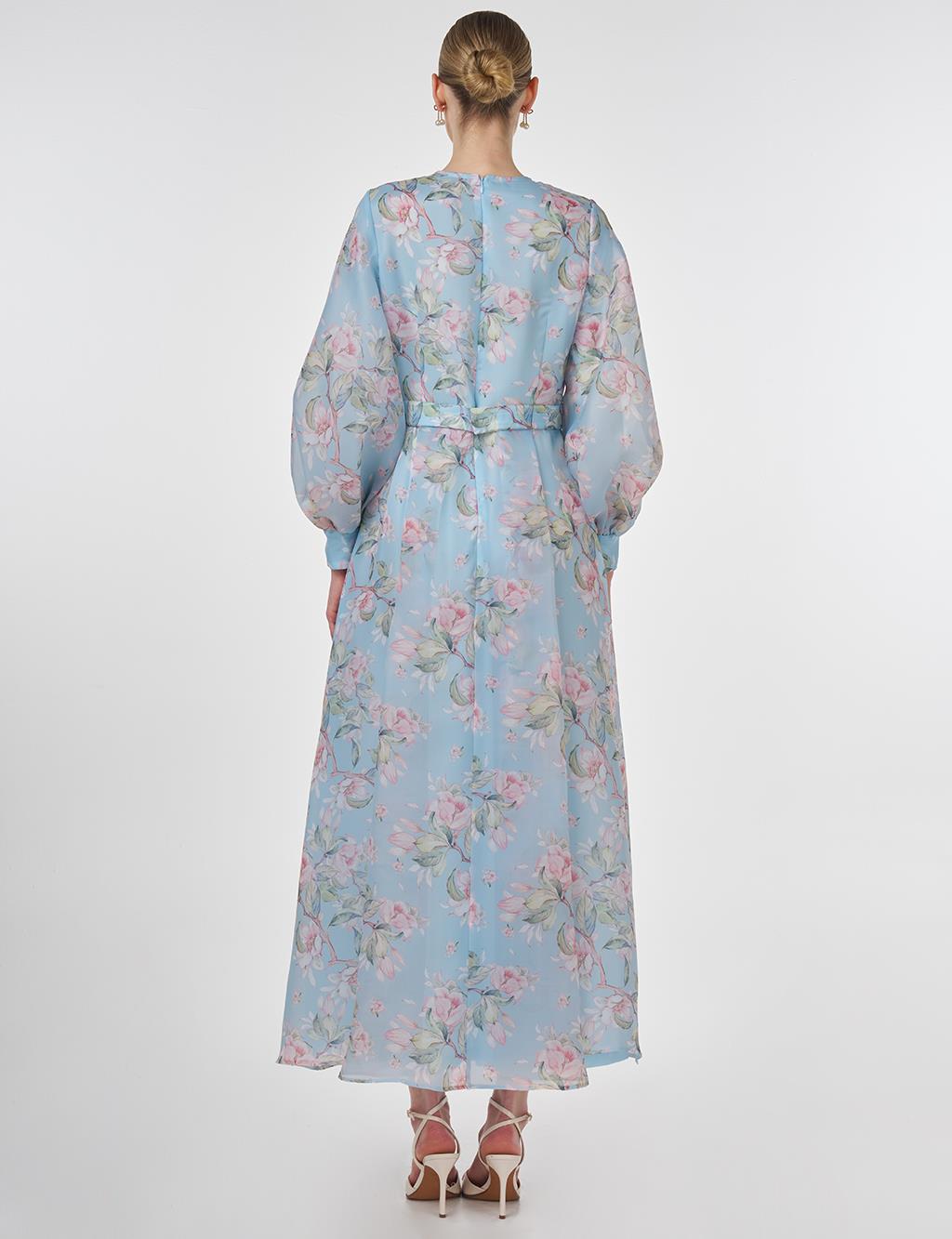 Floral Patterned Balloon Sleeve Dress Blue