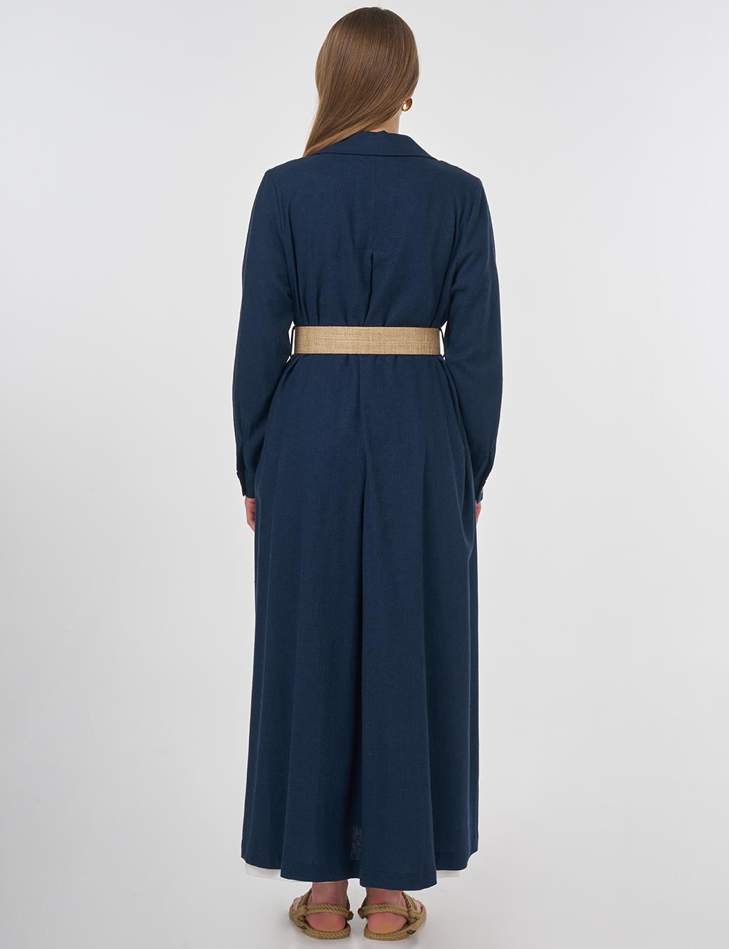 Linen Blend Overcoat with Straw Belt Detail Dark Navy 
