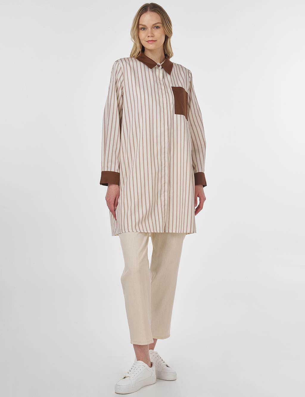 Striped Pattern Cotton Tunic Brown